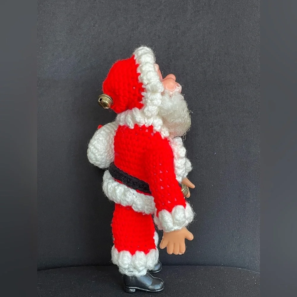 Vintage Crochet Santa Doll Pladtic Face Hands Boots 11” Jingle Bells Toy Sack